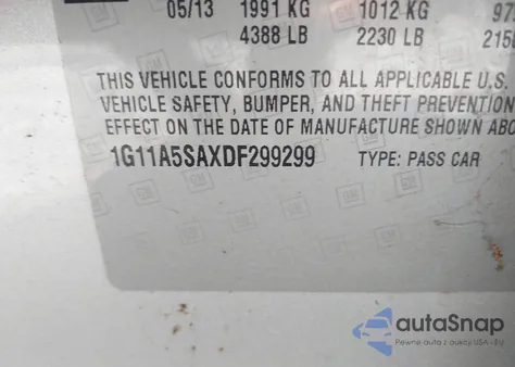 2013 Chevrolet Malibu 1Fl z USA, uszkodzony, nr VIN 1G11A5SAXDF299299